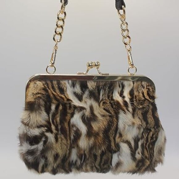 Neiman Marcus Mink Fur Brown Tiger Print Clutch Bag - Picture 1 of 5